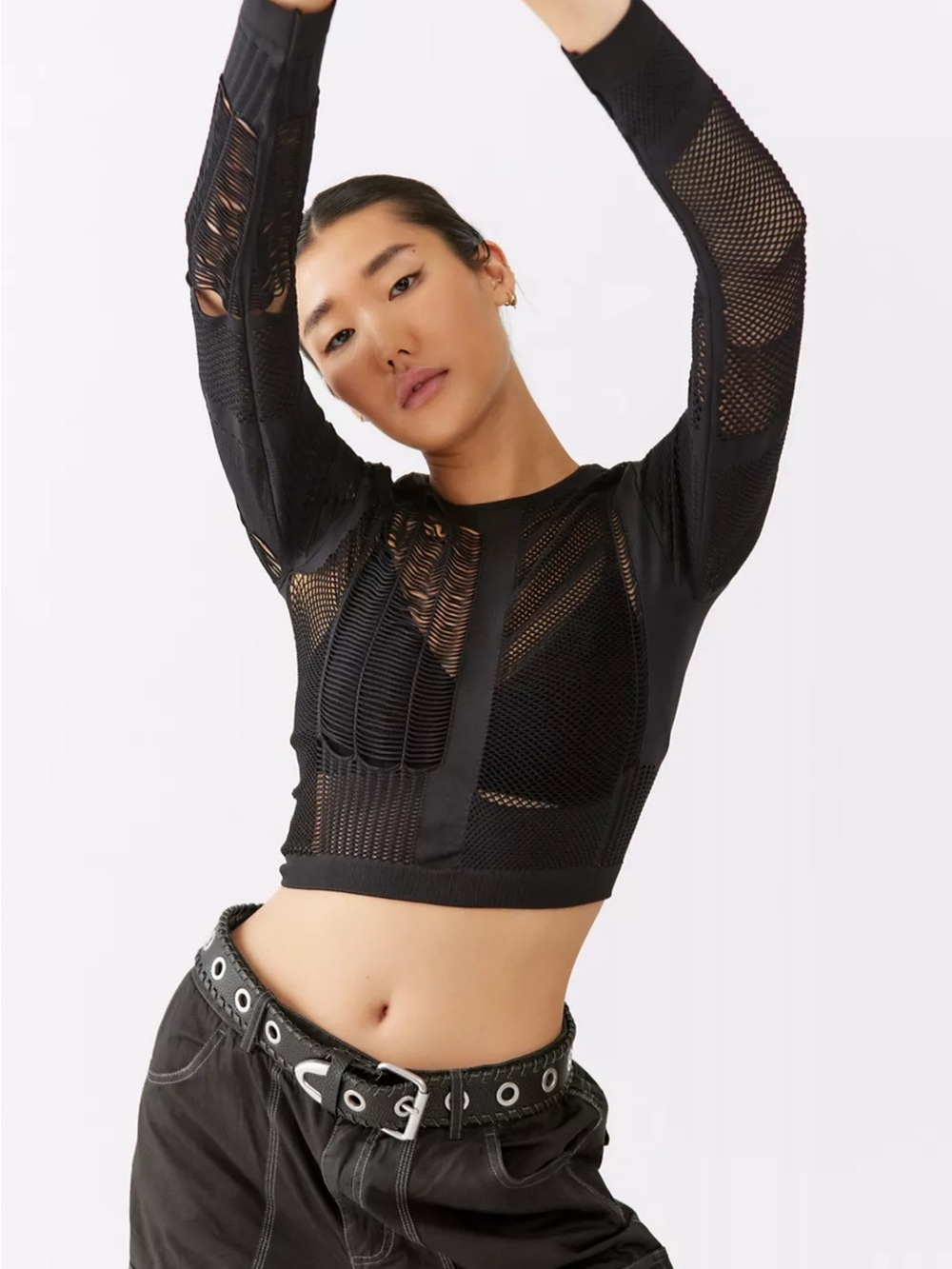 Urban Outfitters Black Mesh Long-Sleeve Crop Top